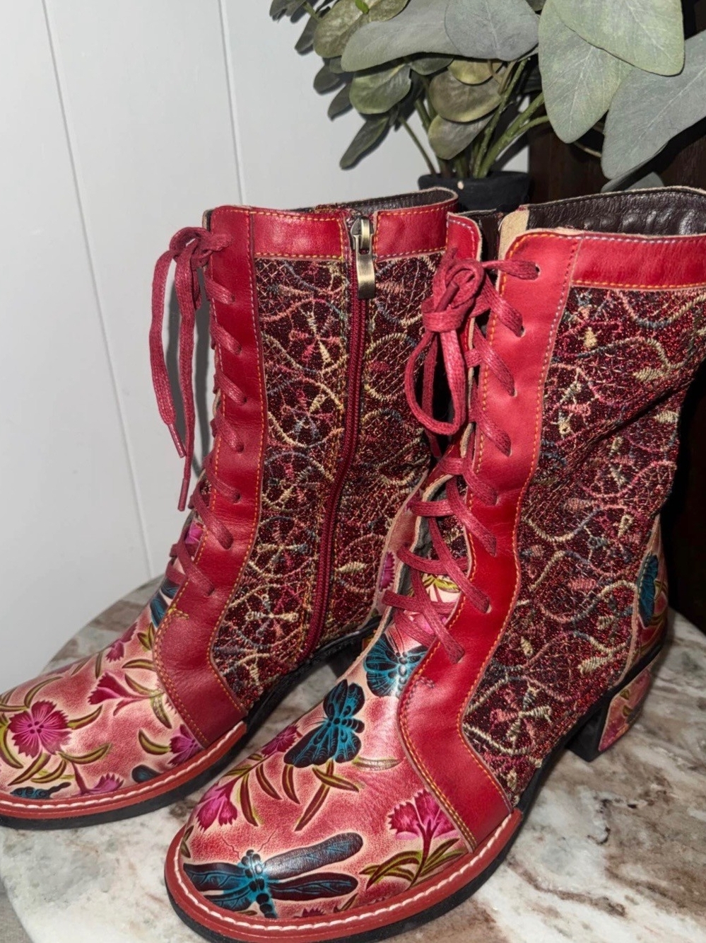 Handcrafted Red Floral Lace-Up Ankle Boots